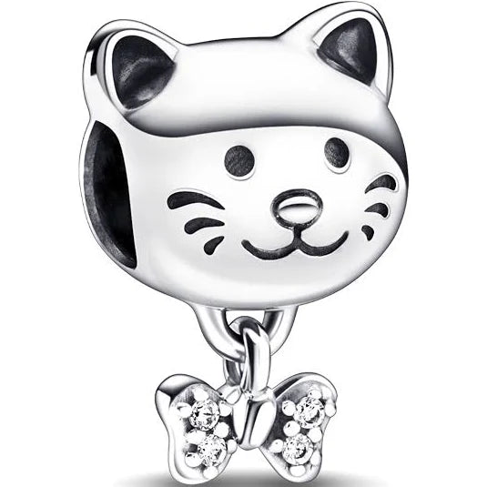 Gato Mascota Y Moño Plata Esterlina Zirconia Cúbica